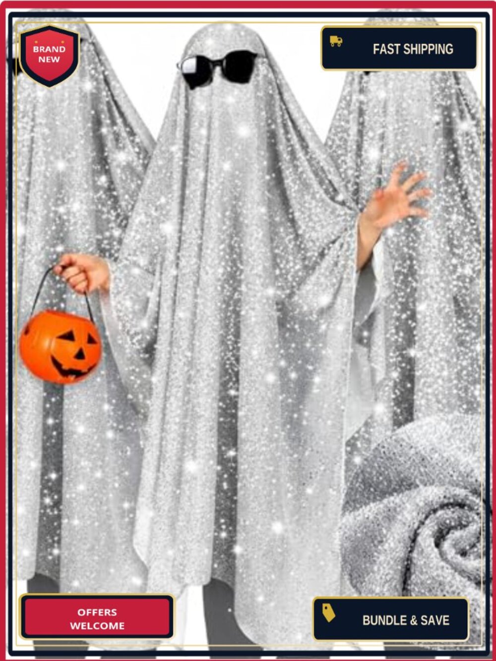 3 Sets Disco Ghost Costume Sequin Cape with Glasses Adult Halloween